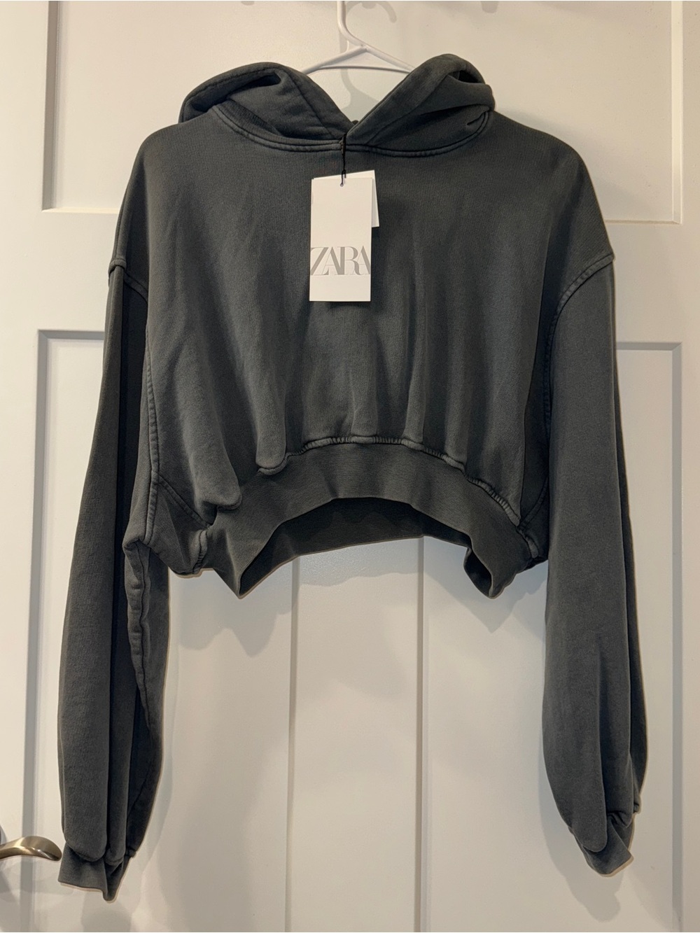 Zara Charcoal Cropped Oversize Hoodie Charcoal Gray Garment Dye Faded Cotton